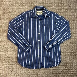 Abercrombie Blue White Striped Button Down Shirt Womens XL Cotton Moose Logo